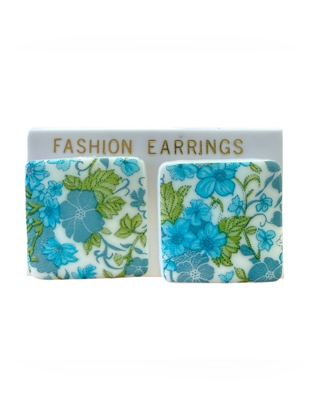 Vintage 1980s NOS Blue Floral Square Stud Earrings Cottagecore NWT